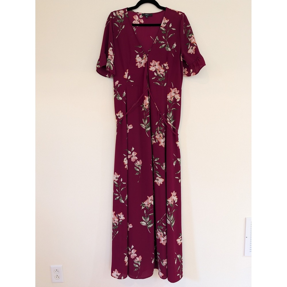 Lulus Burgundy Floral Maxi Dress‎ Short Flutter Sleeve V-Neck Wrap Style Small